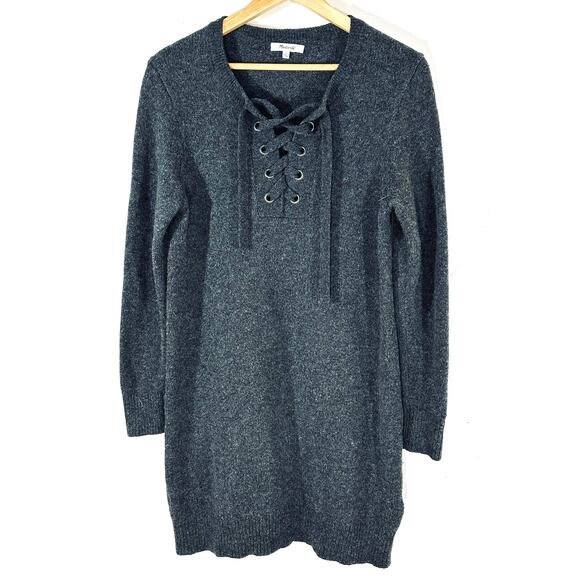 MADEWELL Lace Up Marino Wool Sweater Dress Womans Large Gray Cozy Chic - Picture 3 of 11